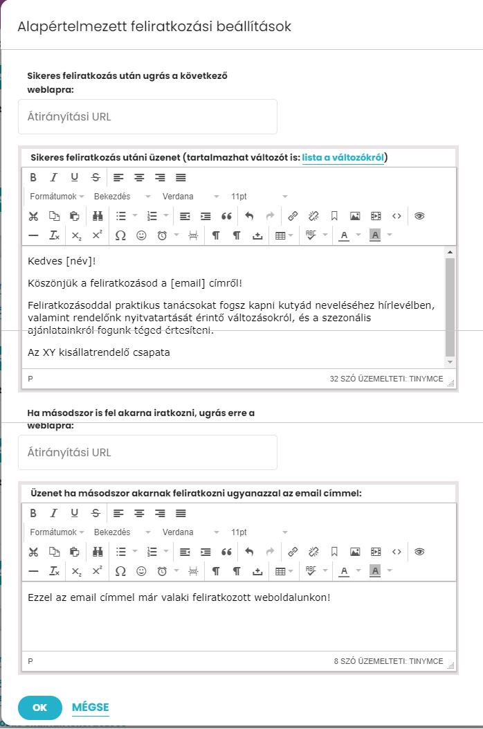 Listamester - kézikönyv - Űrlapok - feliratkozási beállítások - feliratkozás utáni üzenet