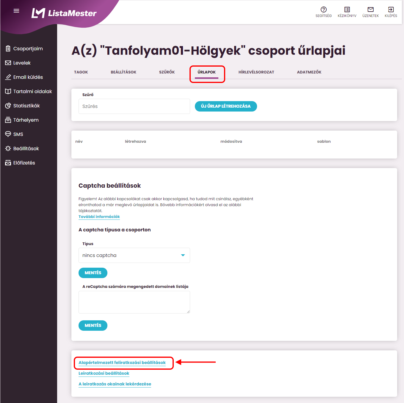 Listamester - kézikönyv - Űrlapok - alapméretezett feliratkozási beállítások