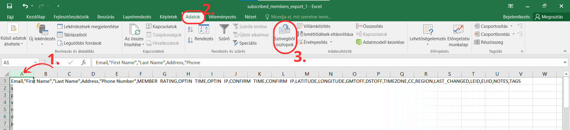 Listamester - Útmutatók - Csoporttagok - Importálás Mailchimpből - Excel - Szövegből oszlopok