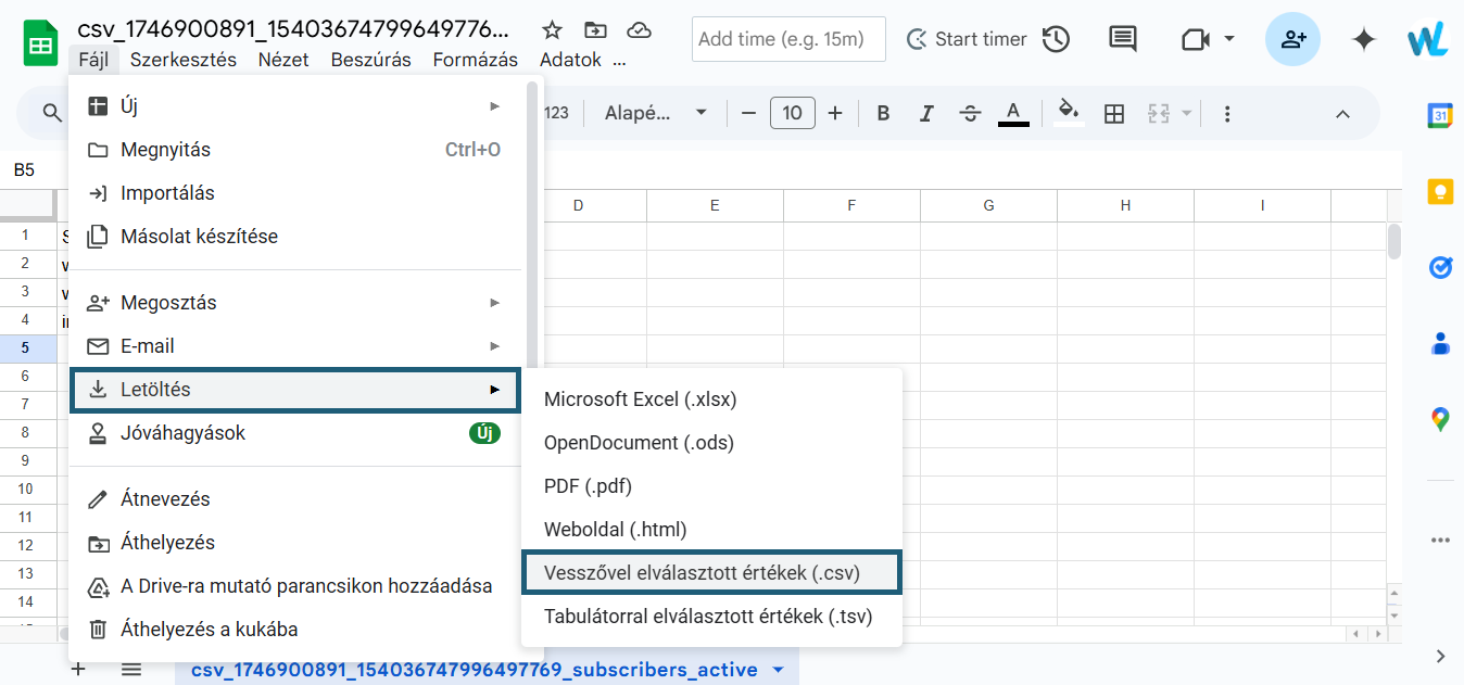 Google Táblázat - CSV letöltése
