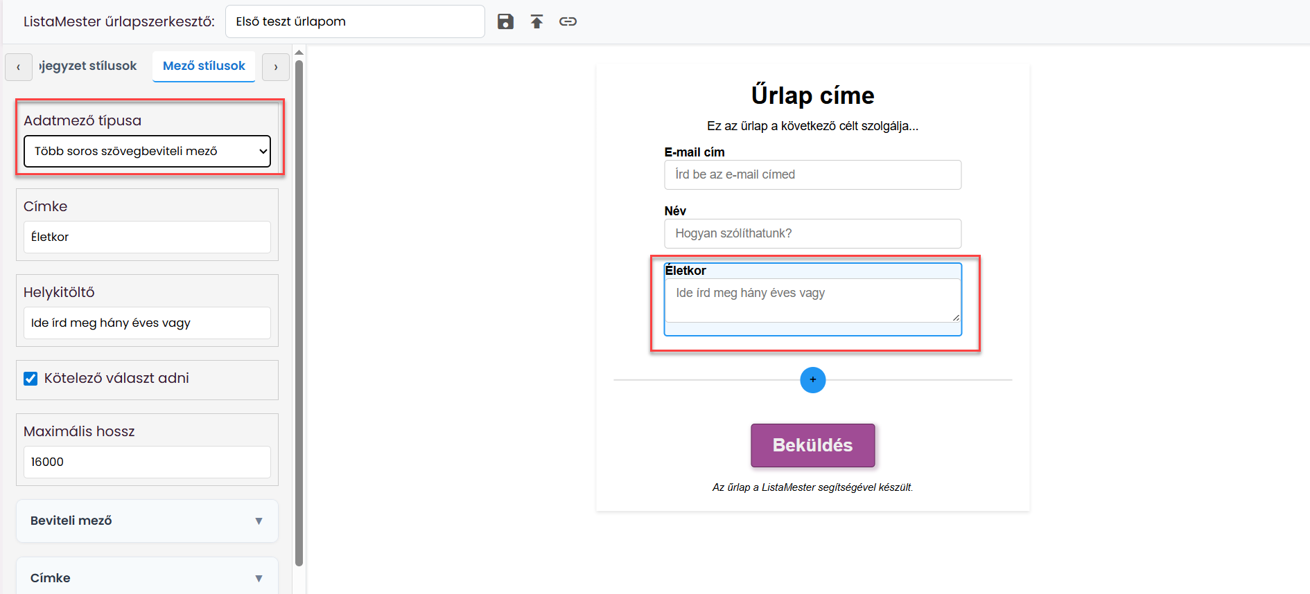 Űrlapok - Űrlapvarázsló - Adatmezők leírása - email, név mezők