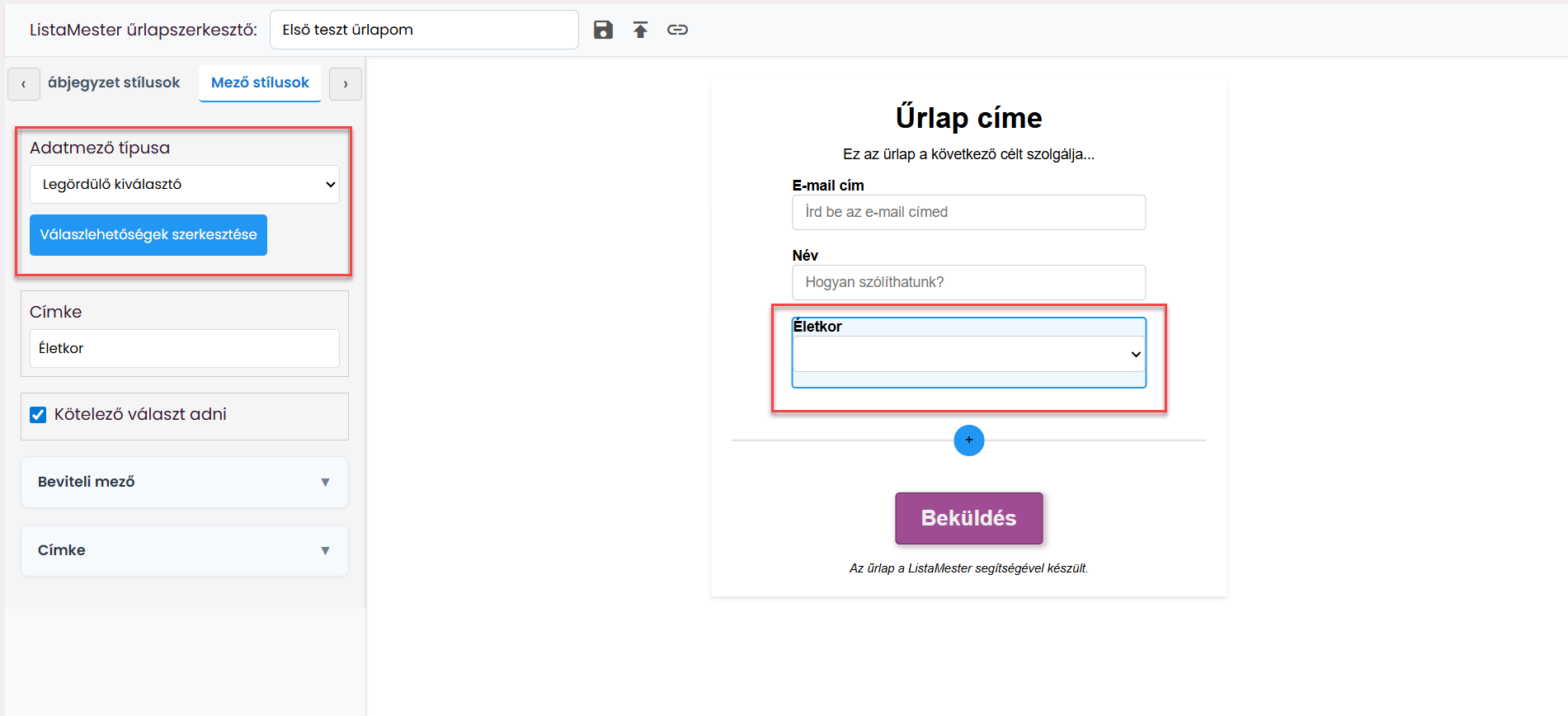 Űrlapok - Űrlapvarázsló - Adatmezők leírása - email, név mezők