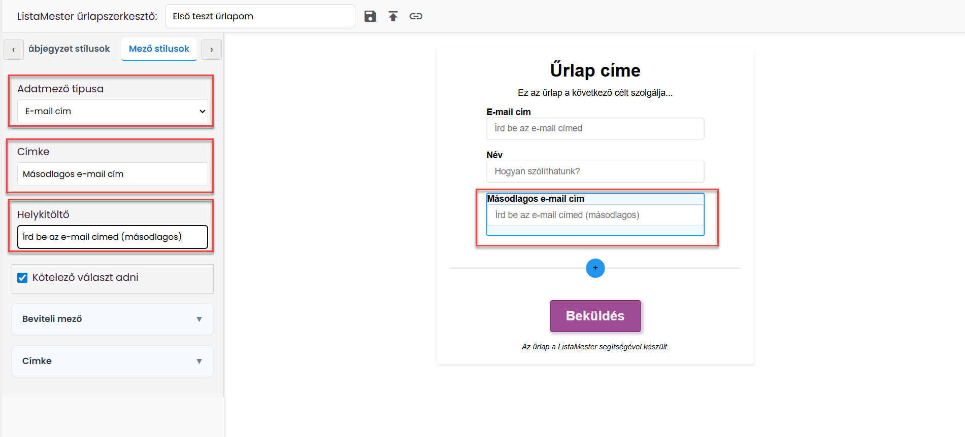 Űrlapok - Űrlapvarázsló - Adatmezők leírása - email, név mezők