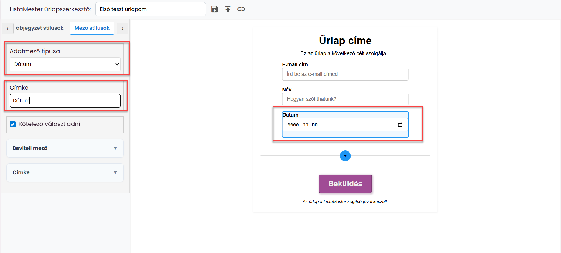 Űrlapok - Űrlapvarázsló - Adatmezők leírása - email, név mezők