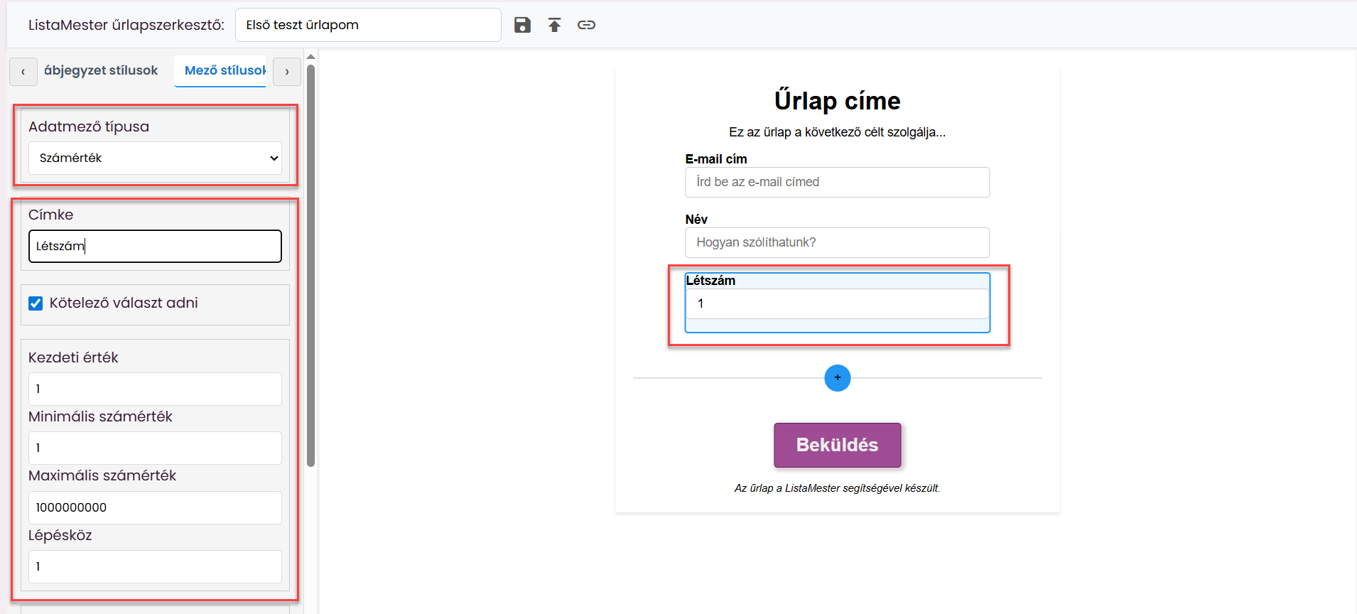 Űrlapok - Űrlapvarázsló - Adatmezők leírása - email, név mezők