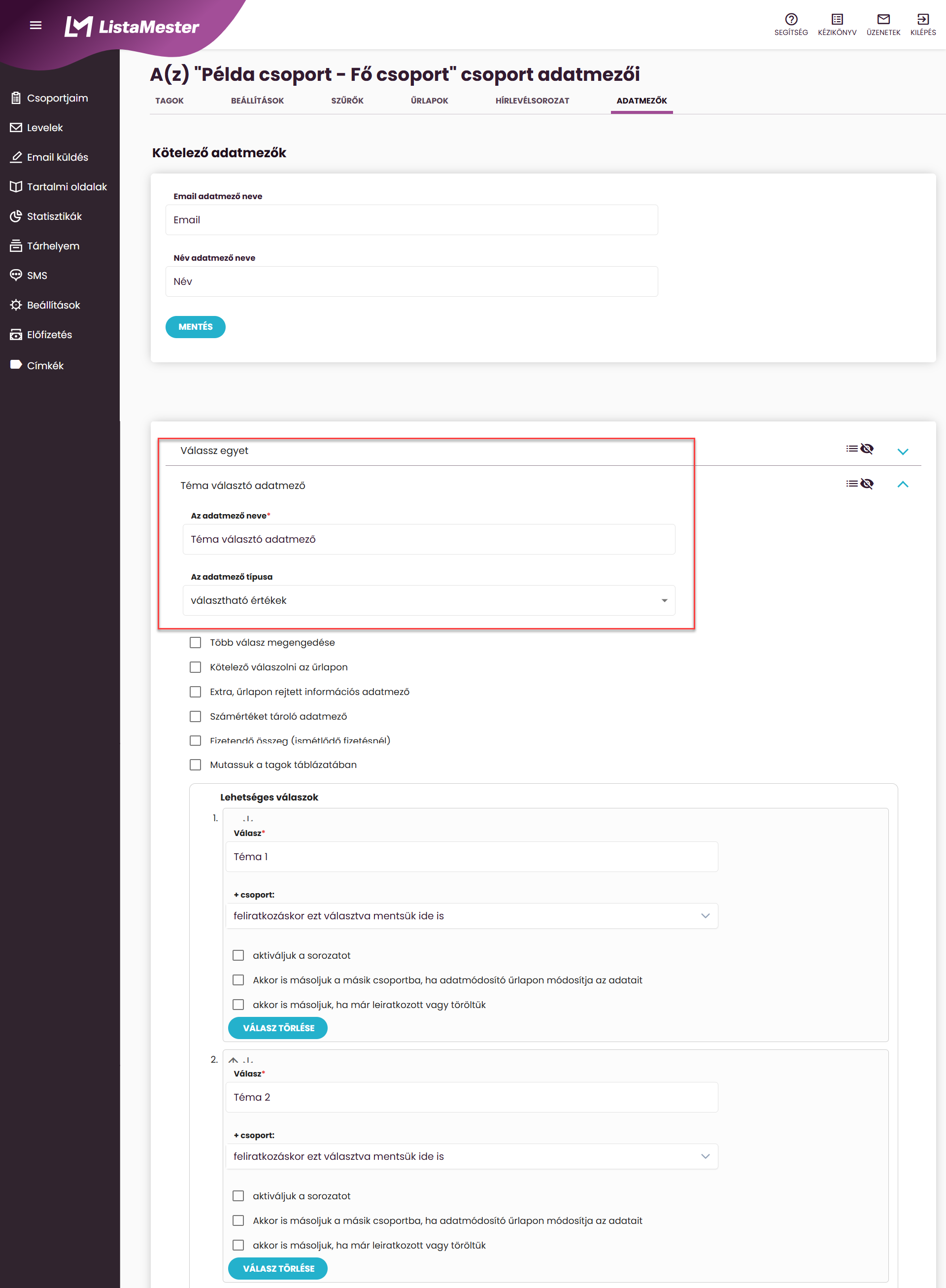 ListaMester - Útmutató - Témaválasztós űrlapok