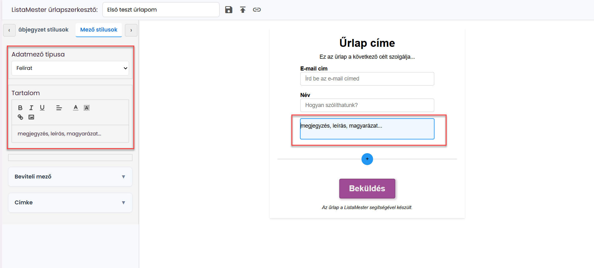 Űrlapok - Űrlapvarázsló - Adatmezők leírása - email, név mezők