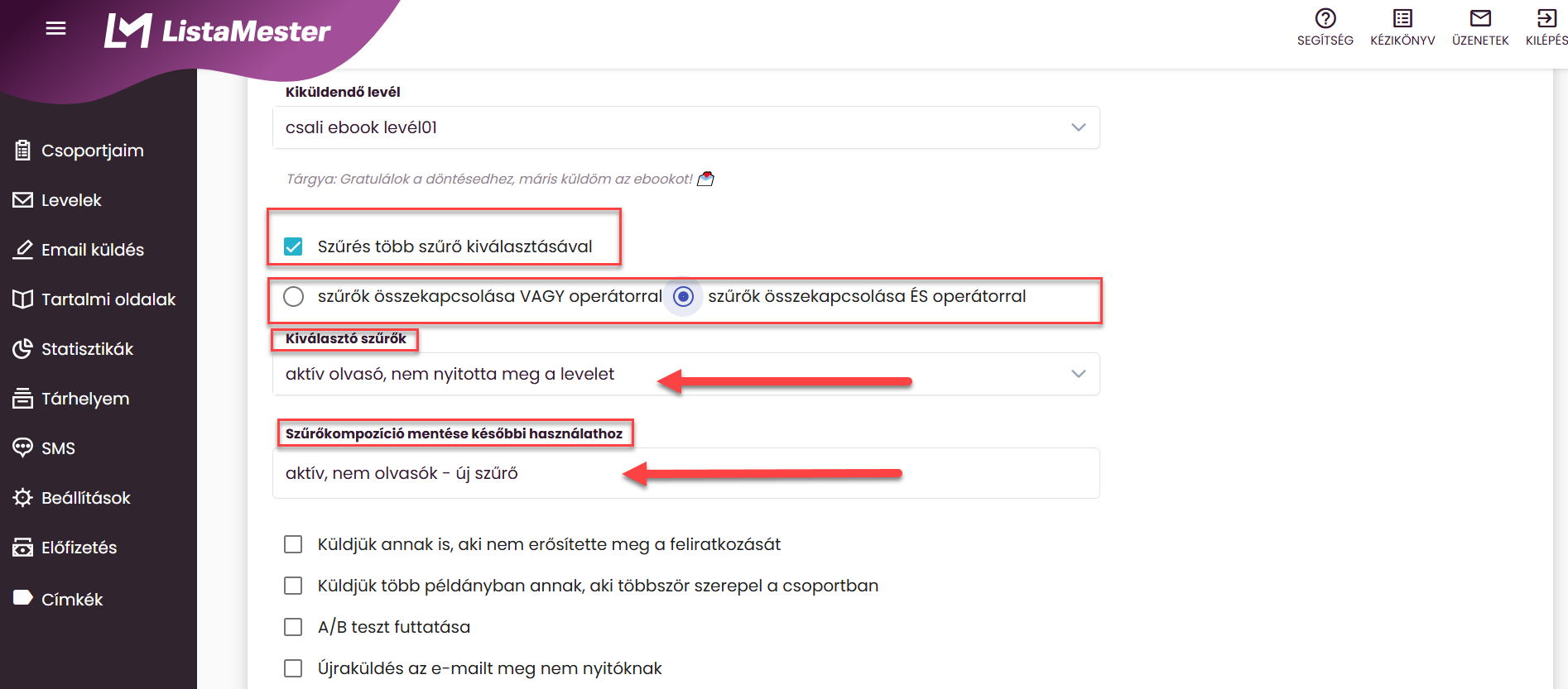 ListaMester - Útmutató - Email küldés - Szűrő 