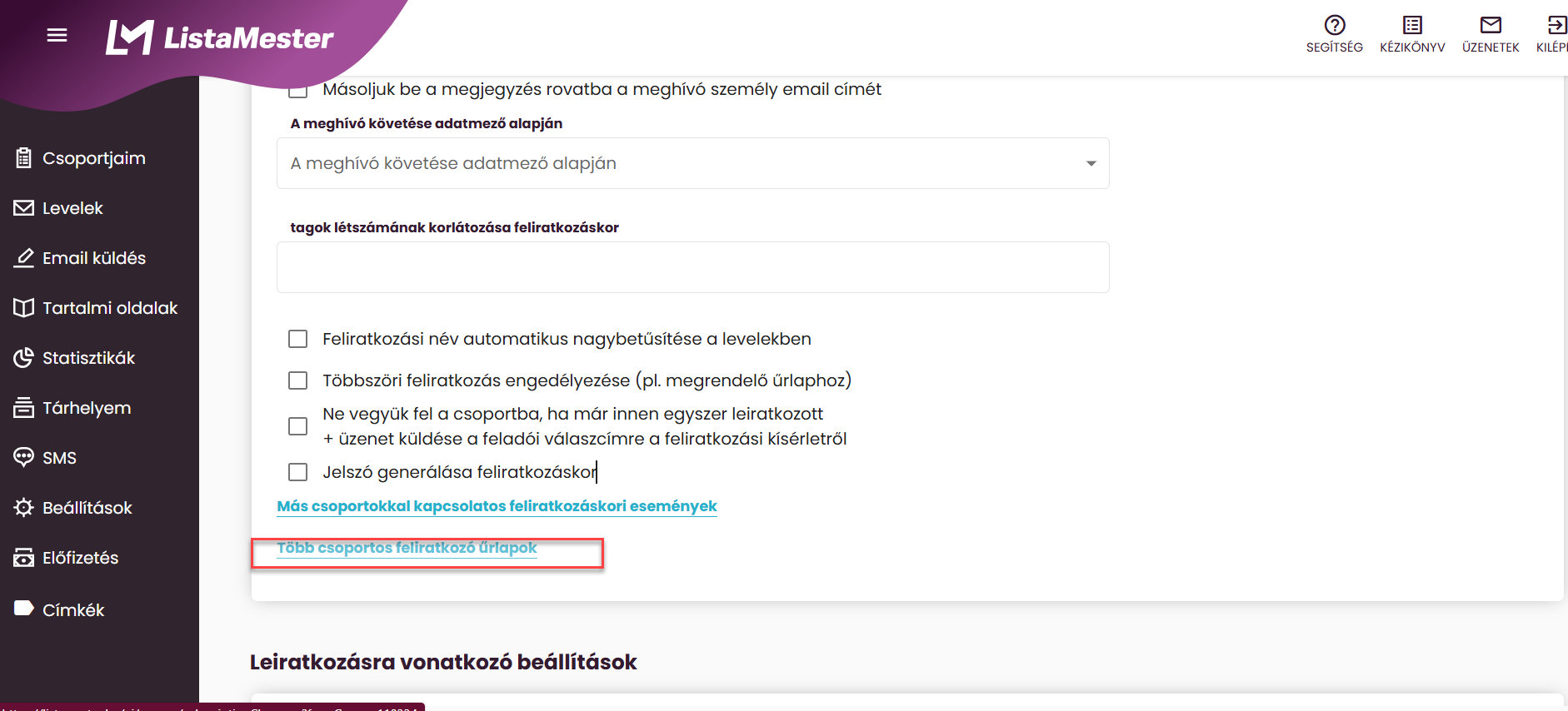 ListaMester - Útmutató - Témaválasztós űrlapok - Több csoportos feliratkozó űrlap