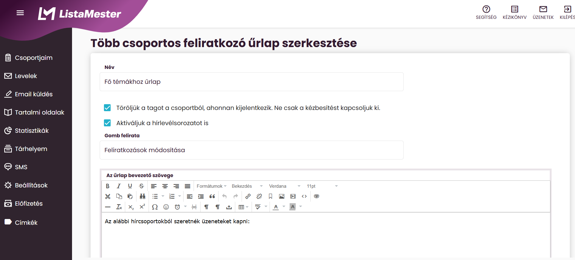 ListaMester - Útmutató - Témaválasztós űrlapok - Több csoportos feliratkozó űrlap szerkesztése