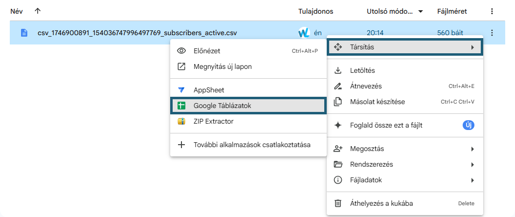 Google Drive - Új táblázat társítása