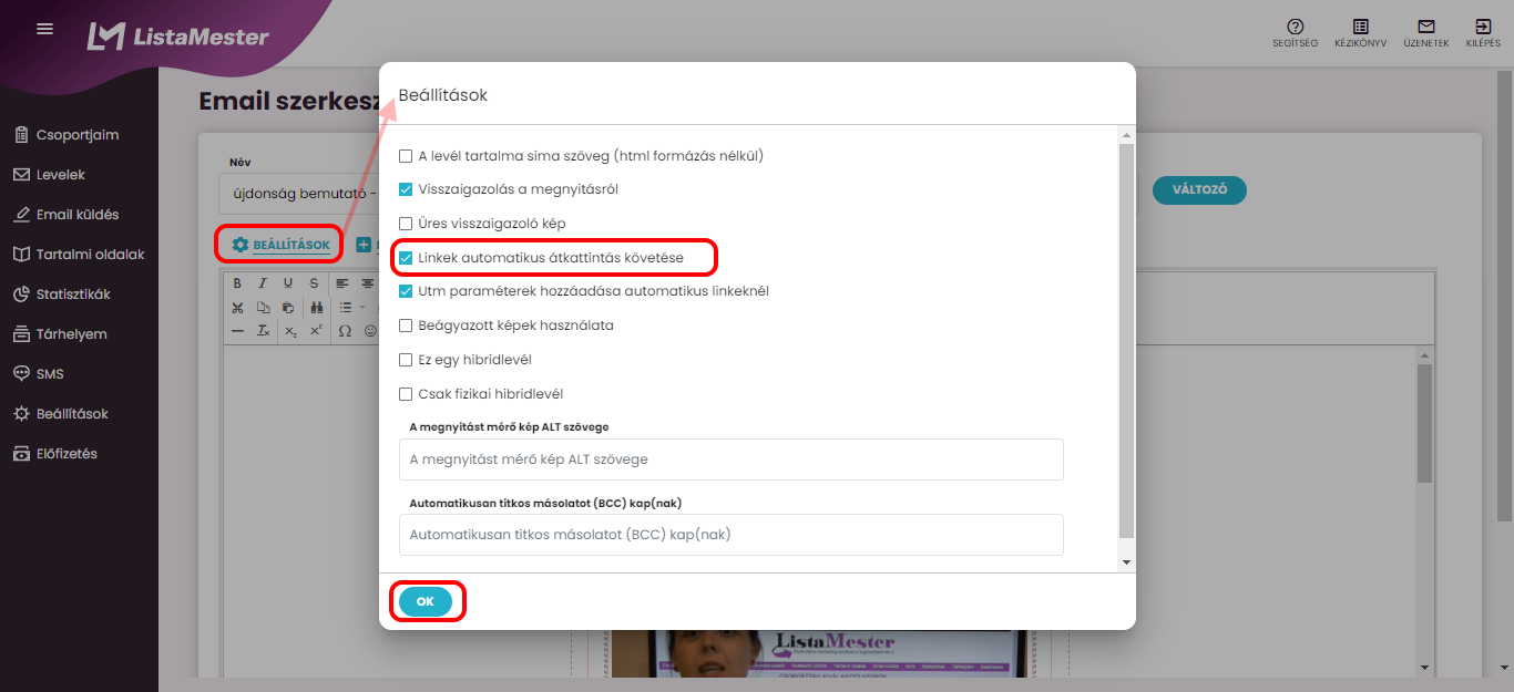 Listamester-Kézikönyv-Levelek - Linkek automatikus átkatintás követése - beállítása
