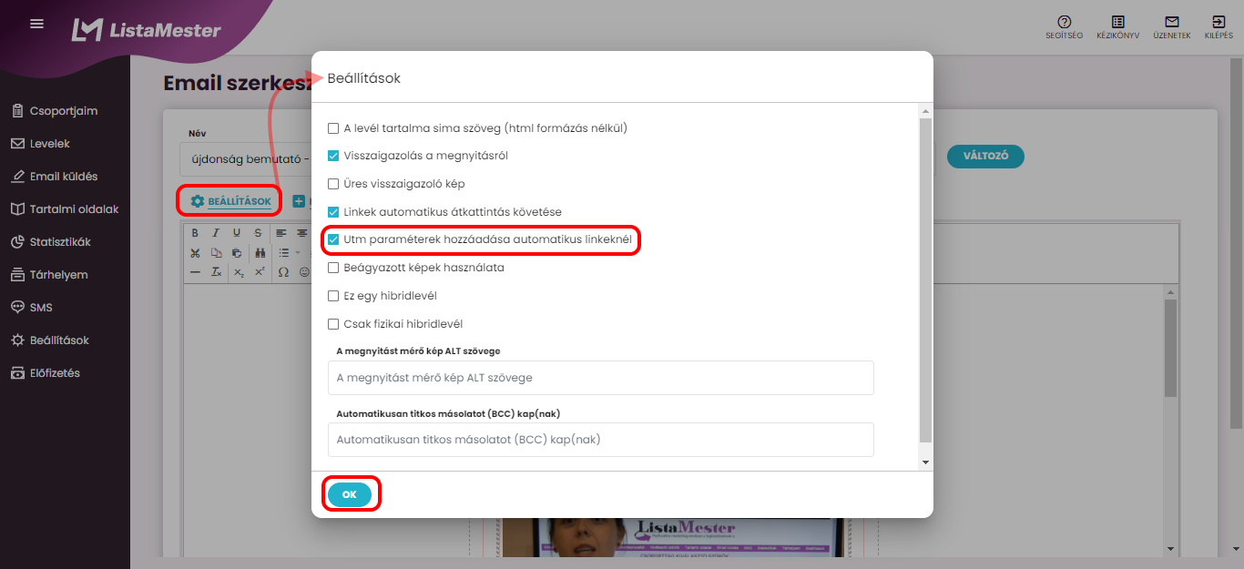 Listamester-Kézikönyv-Levelek - Linkek automatikus átkatintás követése - UTM paraméterek hozzáadása