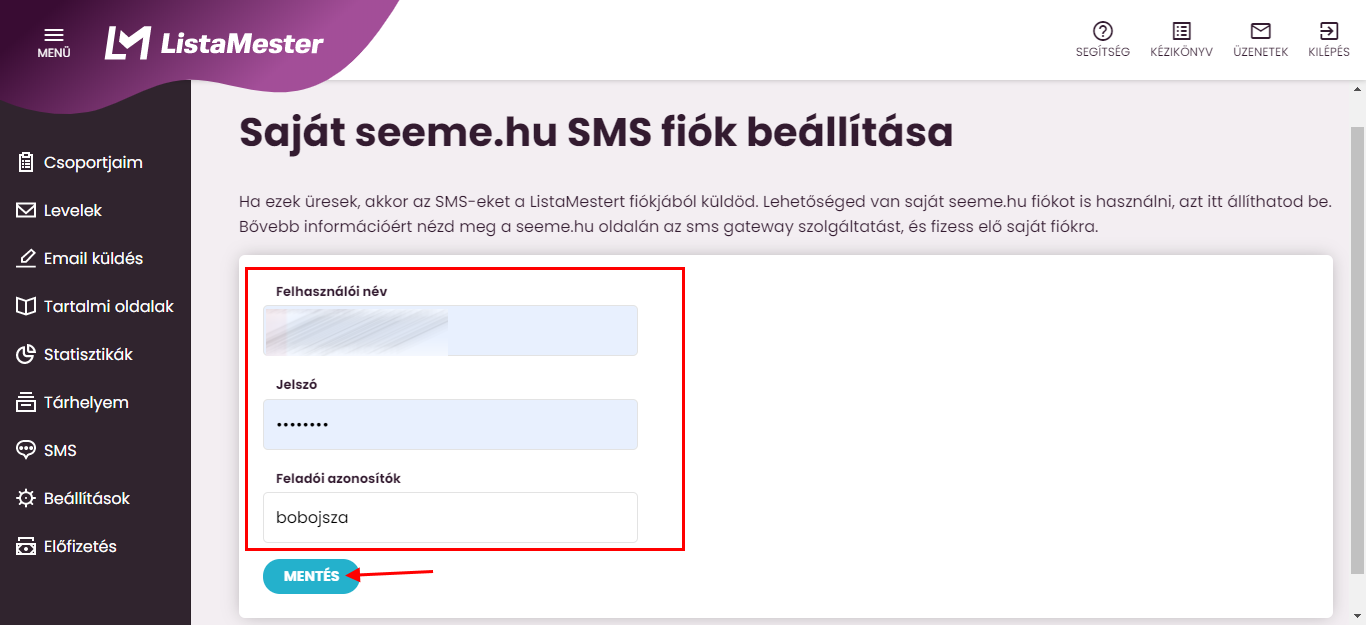 Listamester - Kézikönyv - Seeme sms