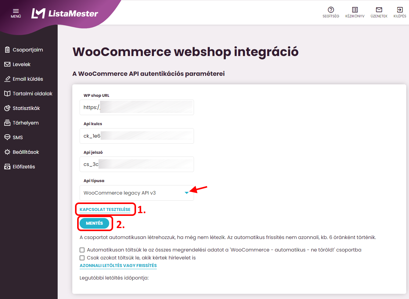 ListaMester-ben Woo webáruház API paramétereinek beírása