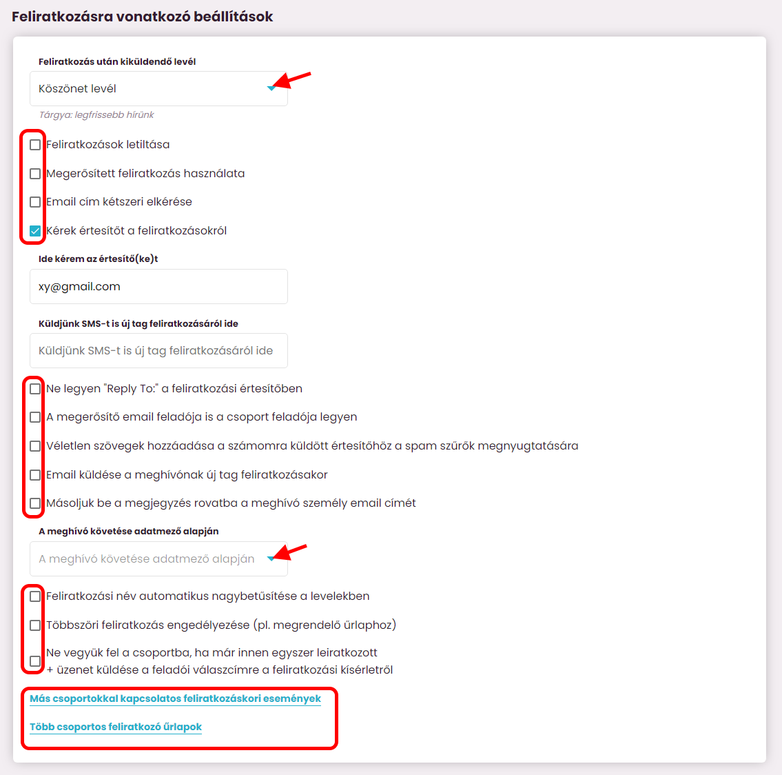 Listamester - Kézikönyv - Csoportjaim - Beállítások - Feliratkozás