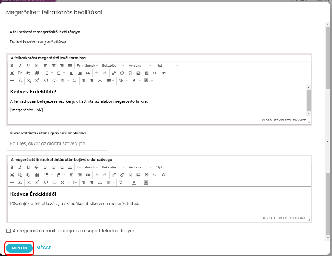 Listamester - Kézikönyv - Csoportjaim - Megerősített feliratkozás beállításai