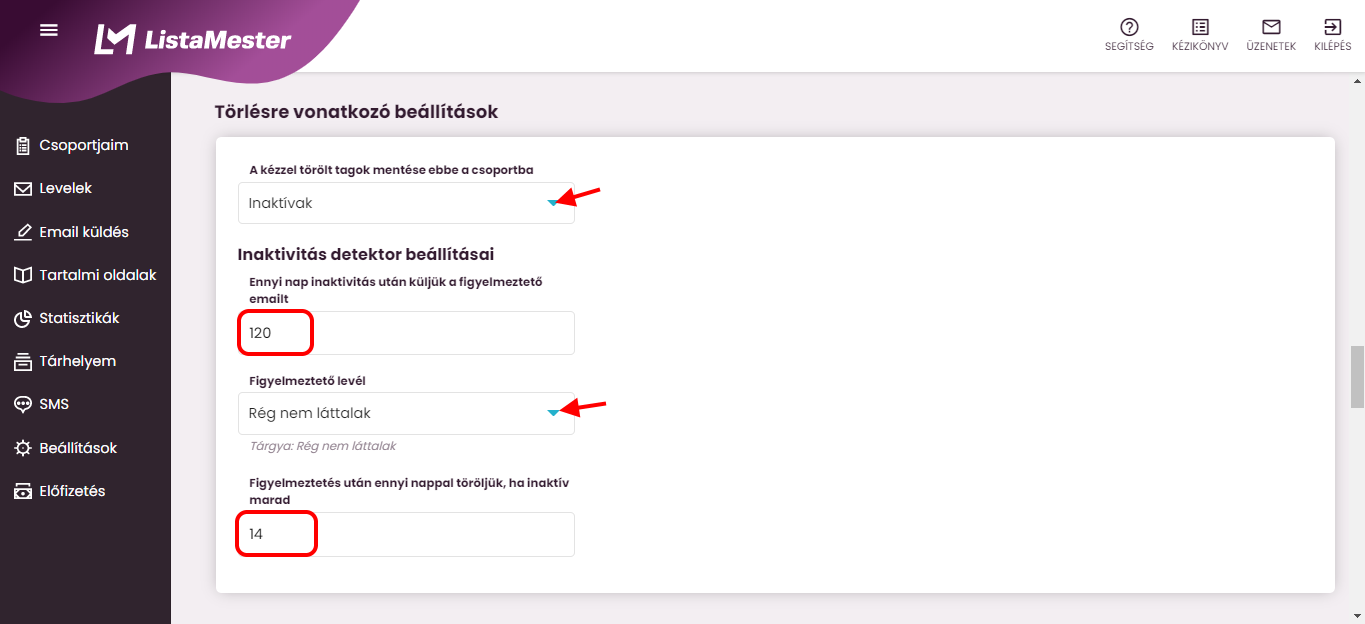 Listamester - Kézikönyv - csoportjaim - beállítások - inaktivitási detektor