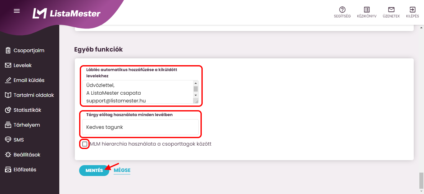 Listamester - Kézikönyv - csoportjaim - egyéb funkciók beállítása