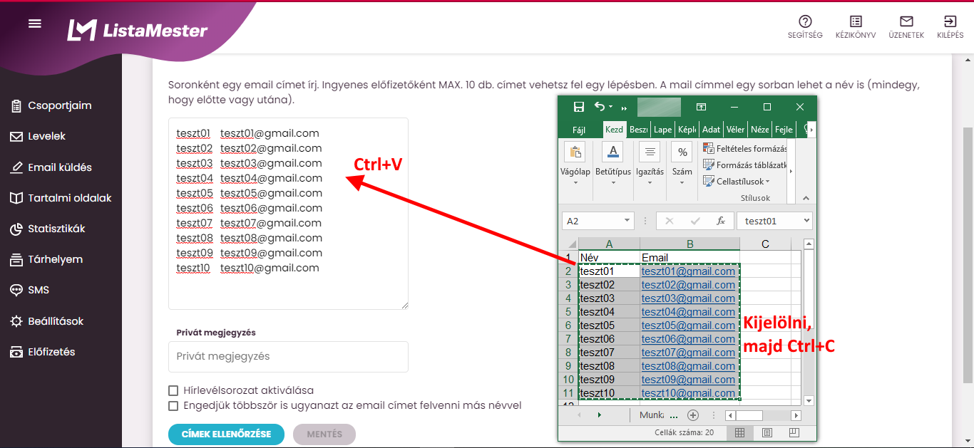 Listamester - Kézikönyv - csoporttagok- Excel file-ból való áthelyezés