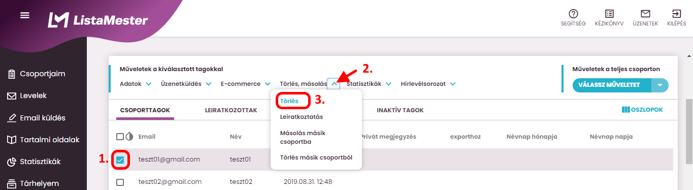 Listamester - kézikönyv - tagok törlése