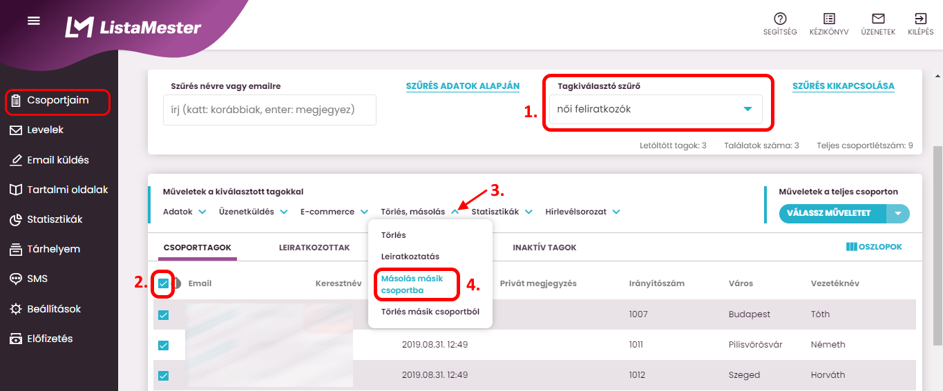 Listamester - Kézikönyv - csoporttagok- csoporttagok másolása