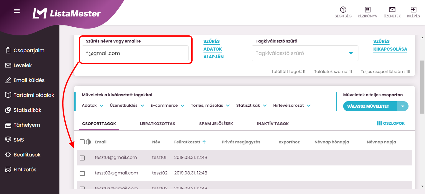 Listamester - Kézikönyv - csoporttagok- szűrés névre vagy emailre