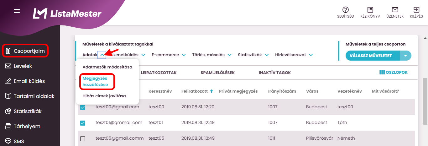 Listamester-Kézikönyv-Csoporttagok-Megjegyzések hozzááadása