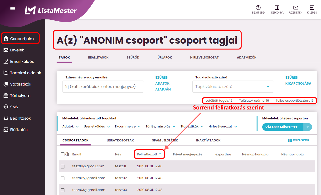 Listamester - Kézikönyv - csoporttagok- tagok - rendezés