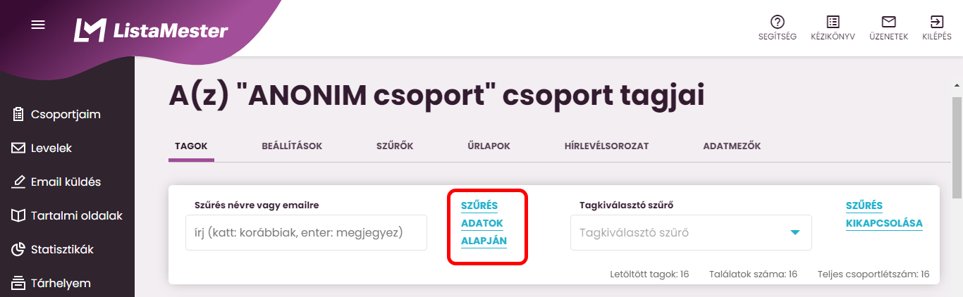 Listamester - Kézikönyv - csoporttagok- szűrés adatok alapján
