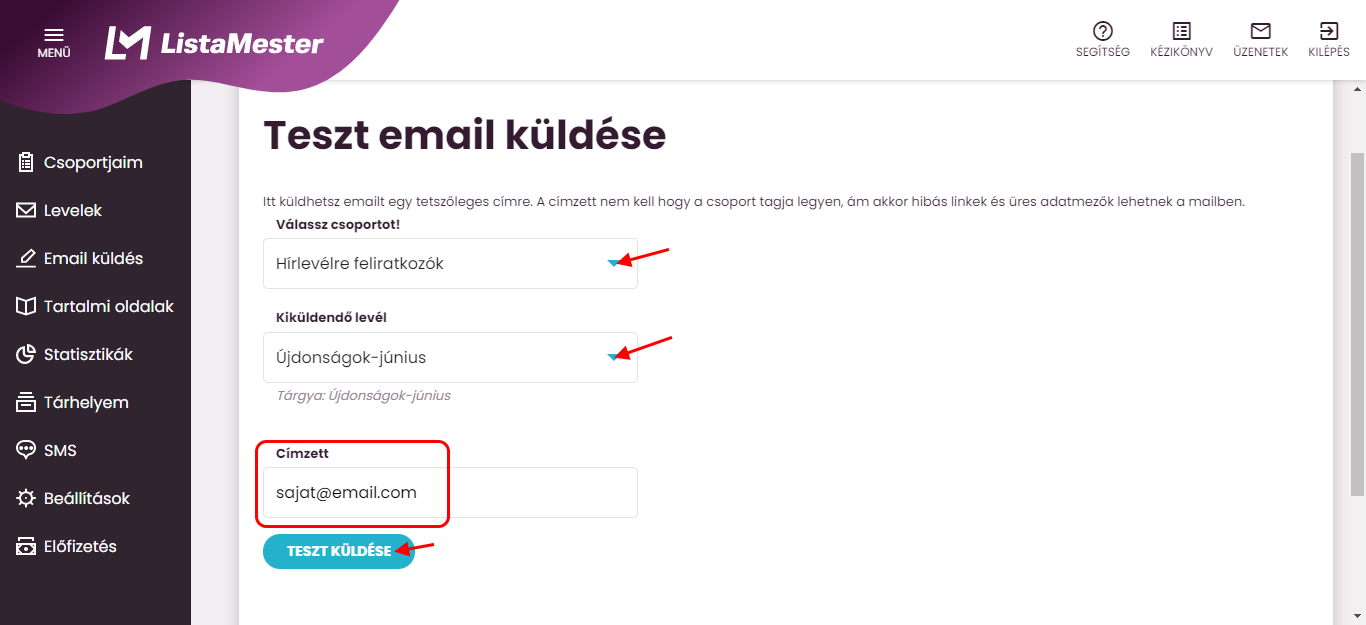 Listamester - Kézikönyv - Teszt e-mail küldése 2.