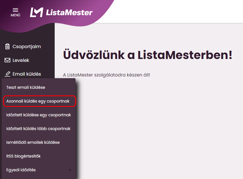 Listamester - Kézikönyv - Email azonnali küldése egy csoportnak