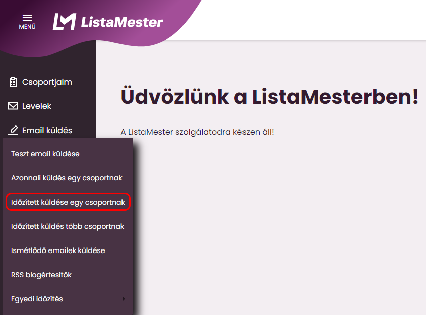 Listamester - Kézikönyv - Időzített email küldése egy csoportnak