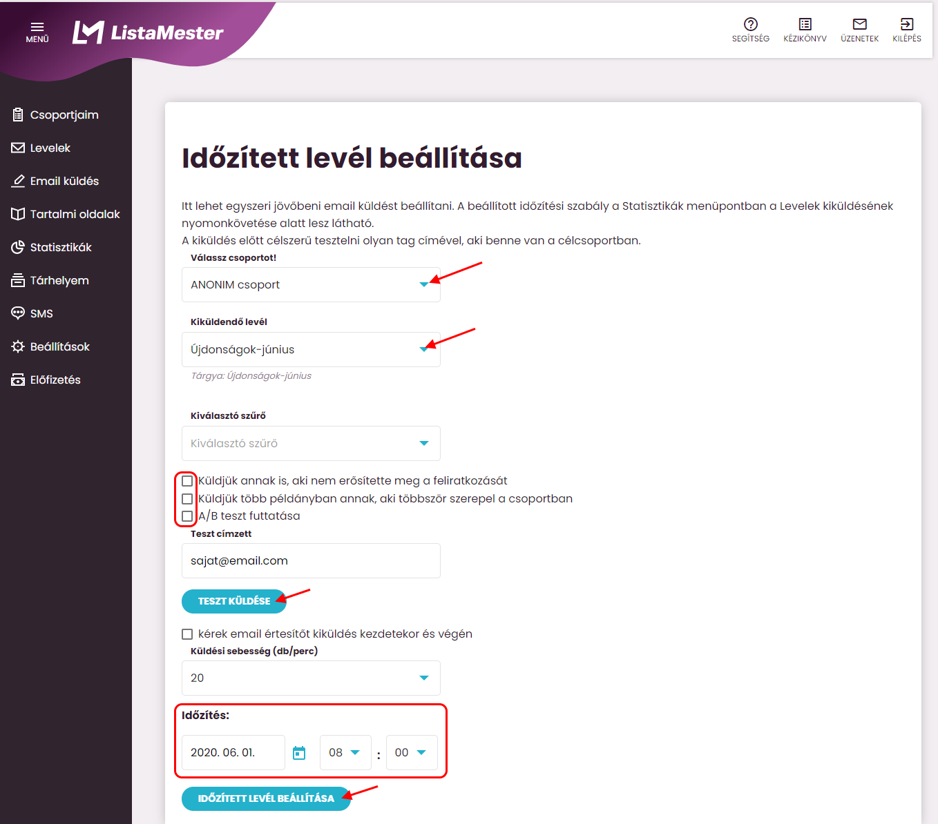 Listamester - Kézikönyv - Email időzítve küldése egy csoportnak