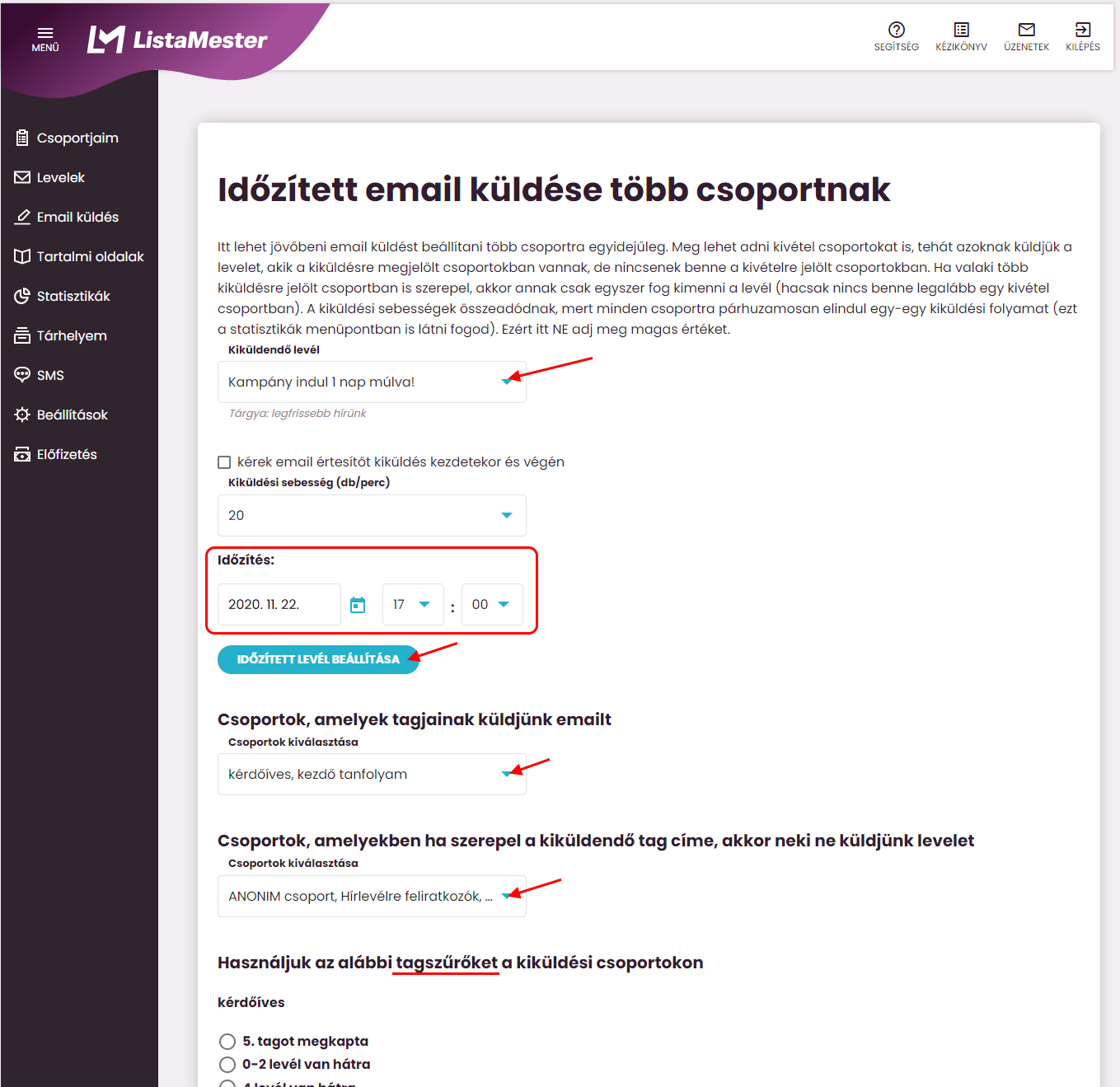 Listamester - Kézikönyv - Időzített email küldése több csoportnak 2