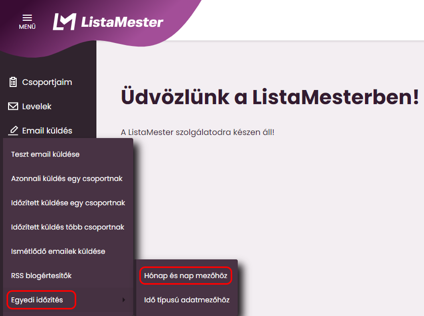 Listamester - Kézikönyv - Egyedi időzítés - Hónap és nap mezőkhöz