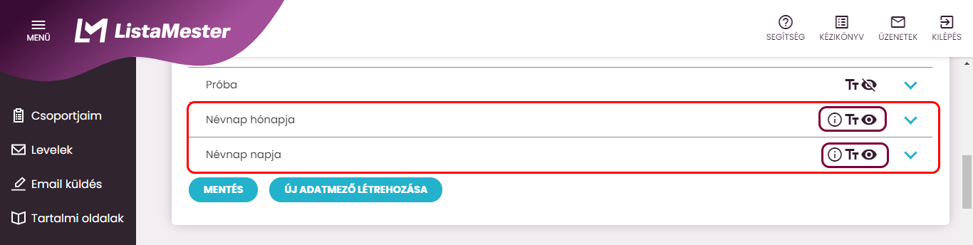 Listamester - Kézikönyv - Két új, rejtett adatmeződ lesz