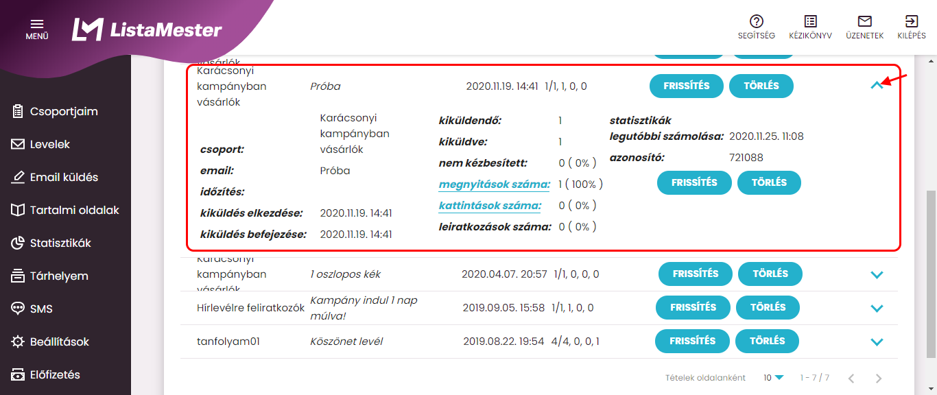 Listamester - Kézikönyv - Statisztikák – Levelek kiküldésének nyomon követése