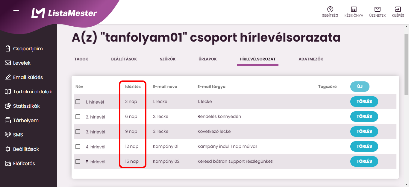 Listamester - Kézikönyv - Hírlevélsorozatok-időzítések áttekintése