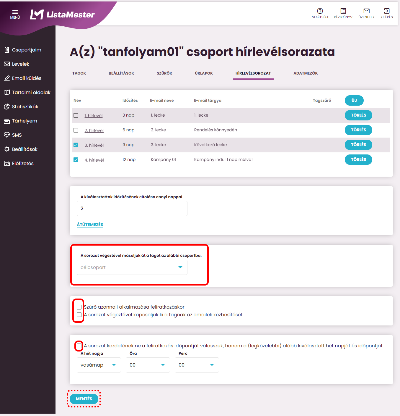 Listamester - Kézikönyv - Hírlevélsorozatok-időzítések  - műveletek