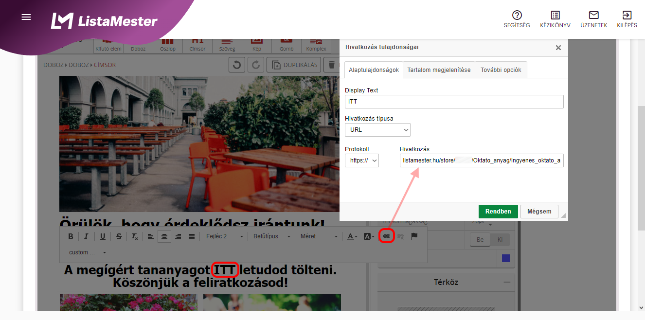 Listamester - Útmutató - Tárhely - Oktató anyag csatolása - Link levélbe illesztése