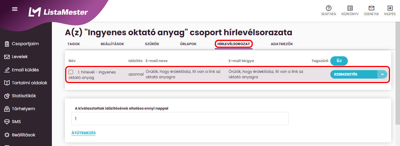 Listamester - Útmutató - Tárhely - Oktató anyag csatolása - Hírlevél elkészítése