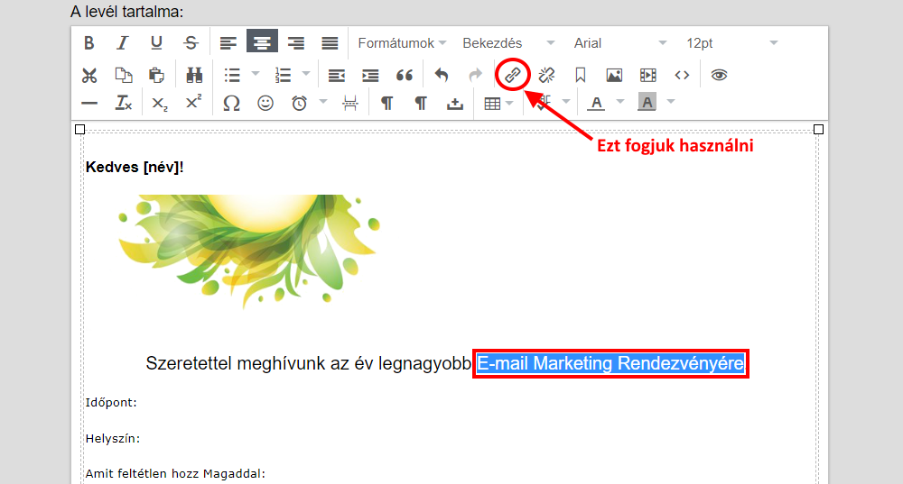 Listamester - Kézikönyv - Levelek - Levél szerkesztése -link beszúrása - szerkesztése