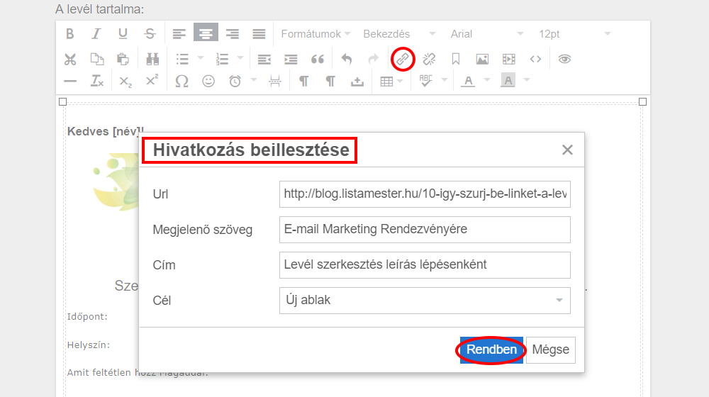 Listamester - Kézikönyv - Levelek - Levél szerkesztése - link szerkesztése
