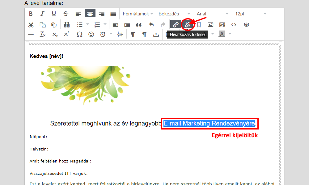 Listamester - Kézikönyv - Levelek - Levél szerkesztése - Link eltávolítása