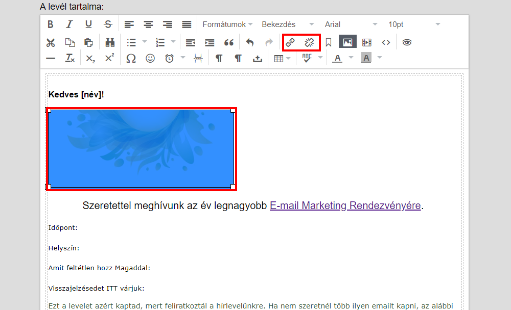 Listamester - Kézikönyv - Levelek - Levél szerkesztése - hogyan lesz a képből link?