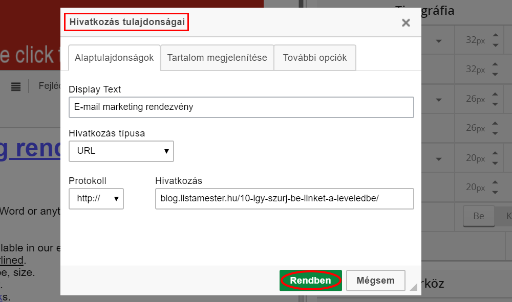 Listamester - Kézikönyv - levelek - hivatkozás tulajdonságai
