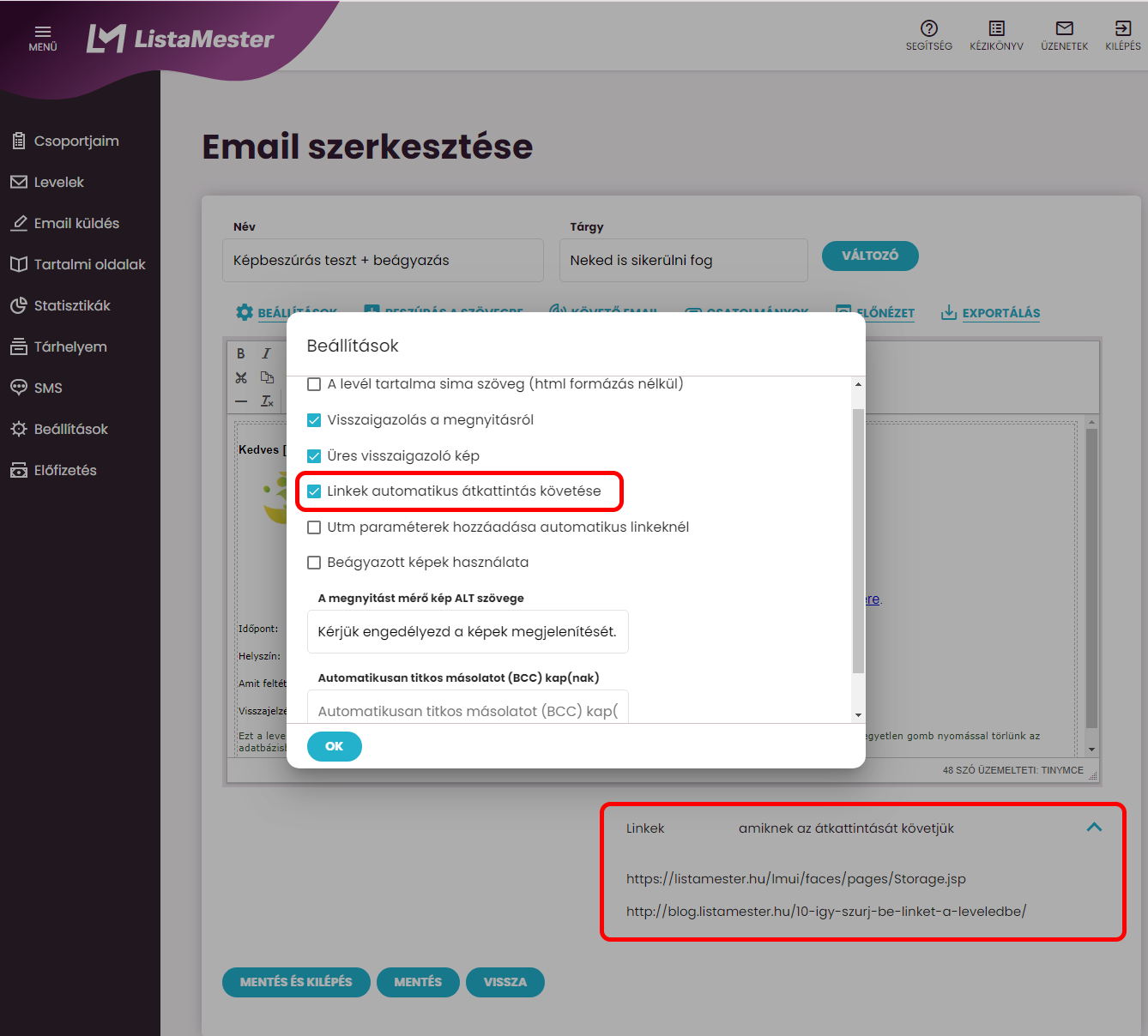 Listamester - Kézikönyv - Levelek - Levél szerkesztése - Linkek automatikus követése