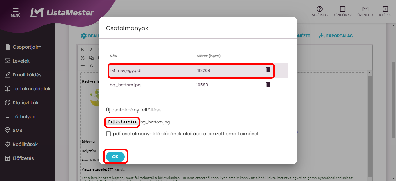 Listamester - Kézikönyv - Levelek - Levél szerkesztése - file/fájl csatolása