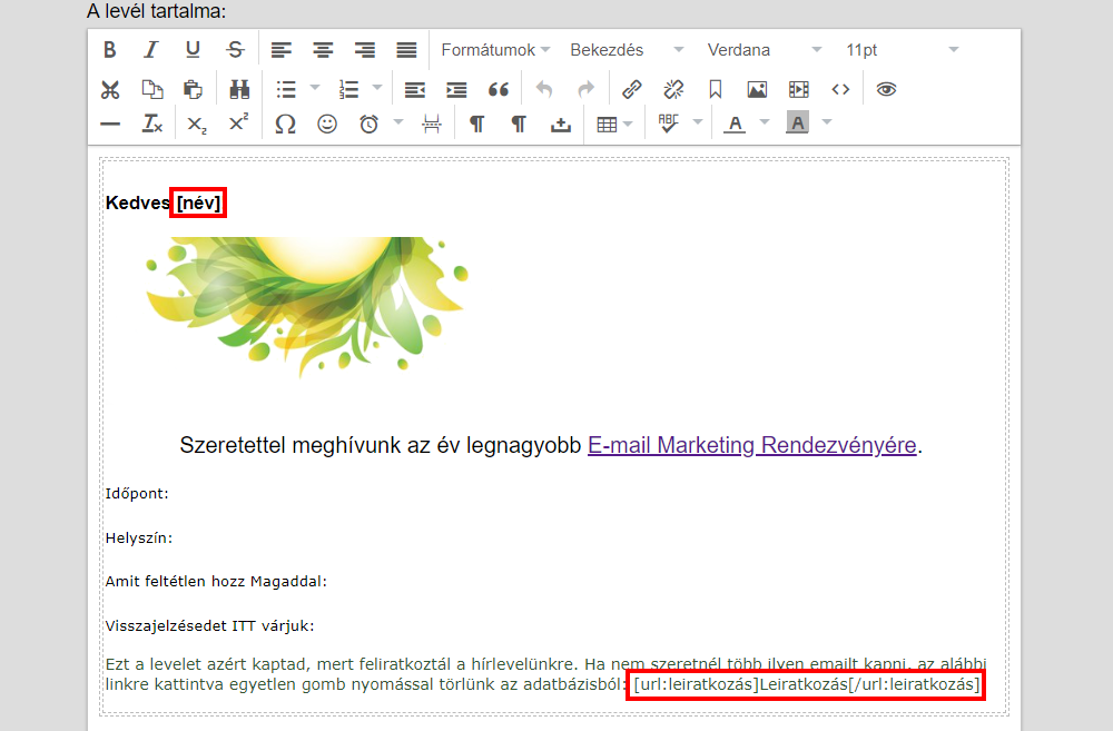 Listamester - Kézikönyv - Levelek - Levél szerkesztése - változók beszúrása